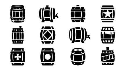 Set of Vintage Wooden Barrels Icons - Black and White Vector Illustrations © varla