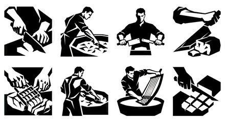 Obraz premium Butcher Preparing Meat Icons: Slicing, Chopping, and Processing Food