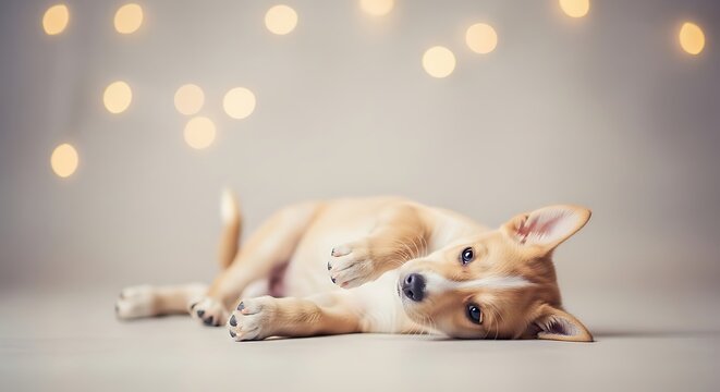 Relaxed Corgi Puppy Lying on Soft Surface with Bokeh Lights.
