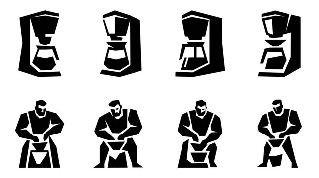 Coffee Maker Icons and Man Preparing Coffee Icons Set