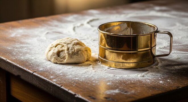 Fresh bread dough sitting on a rustic wooden table covered in spilled white flour, next to a vintage golden metal flour sifter cup