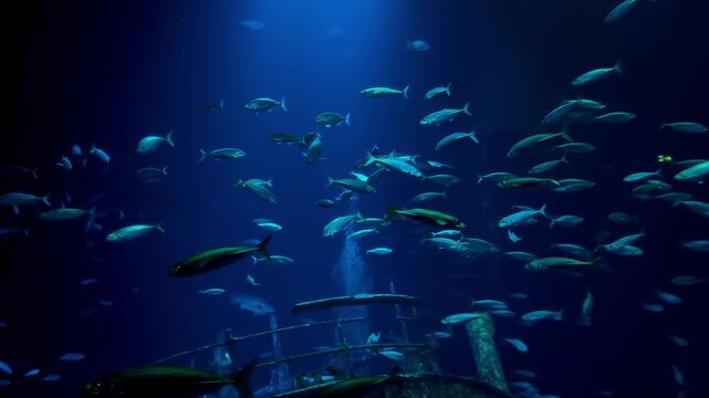 Large school of fish swimming above a sunken shipwreck in deep blue ocean water