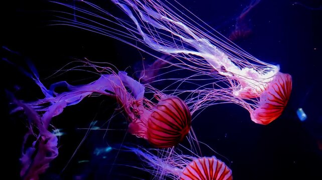 Vibrant red striped chrysaora pacifica jellyfish floating in a deep ocean aquarium