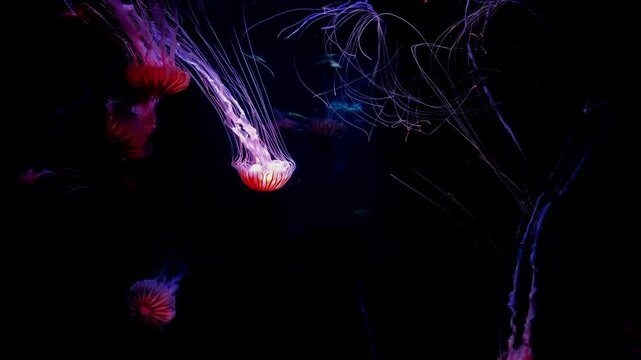 Vibrant red striped chrysaora pacifica jellyfish floating in a deep ocean aquarium
