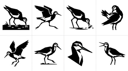 Naklejka premium Silhouette of a wading bird foraging in shallow water, isolated on white.
