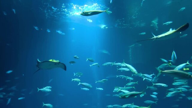 Stingray swimming gracefully among a large school of fish over a sunken shipwreck underwater