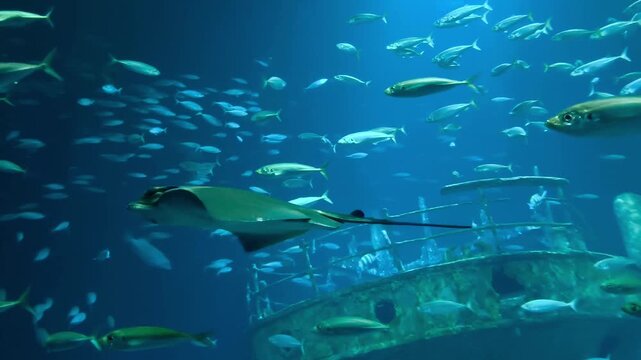 Stingray swimming gracefully among a large school of fish over a sunken shipwreck underwater