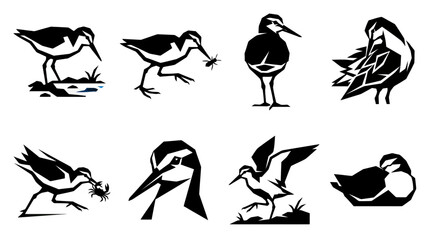 Set of stylized silhouettes of shorebirds in various poses © varla