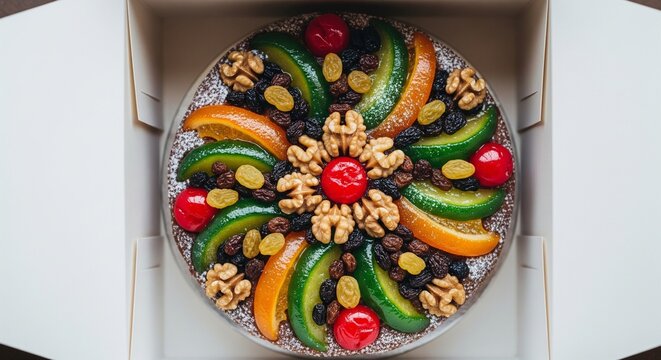 Top-down view of a beautifully decorated round fruit cake inside a white cardboard gift box