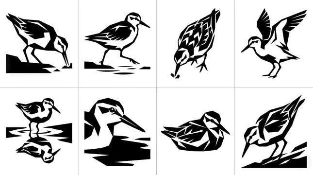 Black and White Shorebird Illustrations - Set of 8