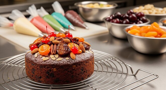 Traditional dark fruit cake with nuts and glazed cherries on wire rack