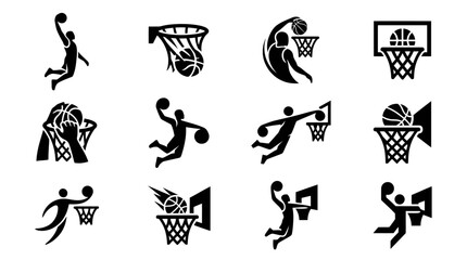 Basketball Player Icons: Dunking, Shooting, and Slam Dunk Action Silhouettes © varla