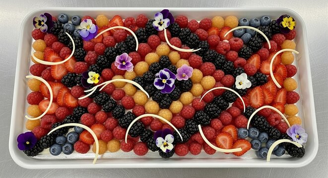 A rectangular white tray filled with an artistic geometric pattern made of mixed fresh berries, decorated with small purple flowers and white chocolate curls