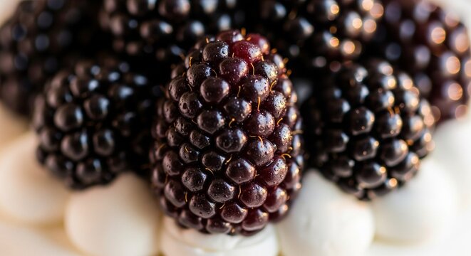 Macro shot focusing on a cluster of ripe blackberries resting on a bed of white cream, showing the glossy, individual drupelets