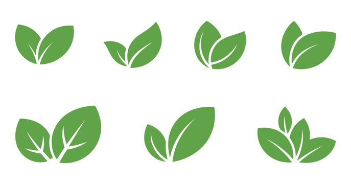 Leaf sprout icon set, featuring green leaves and plant symbols, sustainability, vegan products, organic agriculture, fresh herbs, and natural wellness branding, clean vector illustration for eco frien