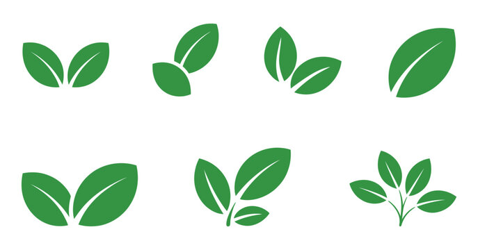 Leaf sprout icon set, featuring green leaves and plant symbols, sustainability, vegan products, organic agriculture, fresh herbs, and natural wellness branding, clean vector illustration for eco frien