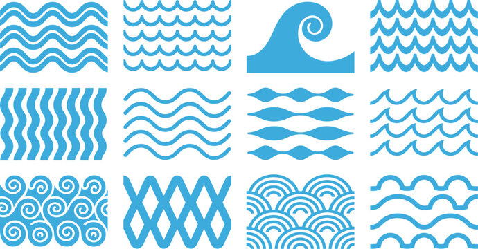 Blue sea wave pattern collection, marine water curl symbols, decorative ocean lines icons for summer beach logo design, image