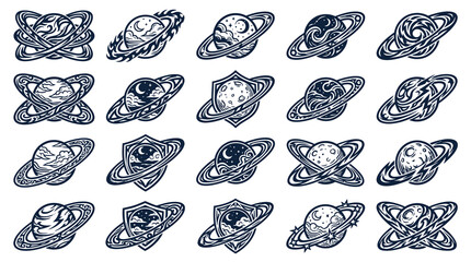 Detailed hand drawn planet and ring icons collection. © Ainur