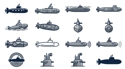 Diverse submarine silhouettes and line art icons. © Ainur