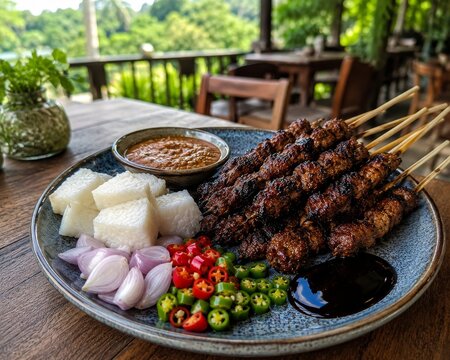  Porci&oacute;n de Satay preparado a la parrilla con tiernos trozos de carne en brochetas, acompa&ntilde;ado de salsa de cacahuete, salsa de soja, lontong y verduras frescas.