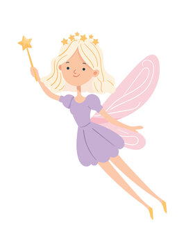Cute flying tooth fairy with magic wand, pink wings and purple dress. Flat vector illustration isolated on white background for dental care, fantasy themes.
