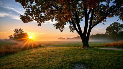 Naklejka premium Sunrise Over a Peaceful Field with Autumn Tree