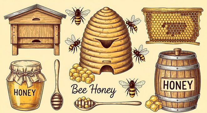Collection of Beekeeping Equipment and Honey Products.