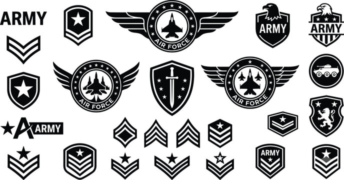 Military patches, air force emblems, army rank insignia badges, chevrons stickers, tactical shield icons, patriotic war combat signs