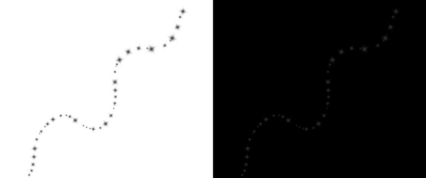 Minimalist curved dotted line set, black and white dashed path elements, abstract wavy trail icons for map navigation and process flow design