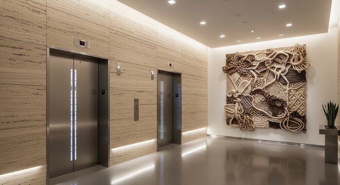 Elegant office or hotel lobby elevator hall with two metal elevator doors, horizontal stone or wood textured walls, integrated soft lighting, and a large decorative wall art hanging