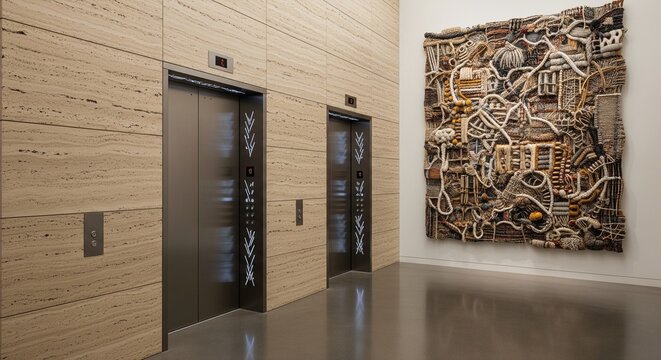Modern elevator lobby hall with two dark metal elevator doors, light wooden or travertine tile walls, a shiny polished floor, and a large abstract textile artwork hanging on the right wall