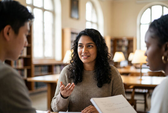 Indian woman speaking to diverse classmates in university library during group study session warm natural light
