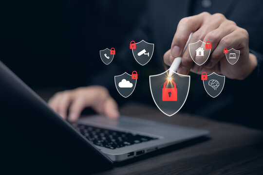 Cybersecurity concept with security shields, locked icons and digital asset protection on virtual interface, representing cyber defense, privacy and secure access.