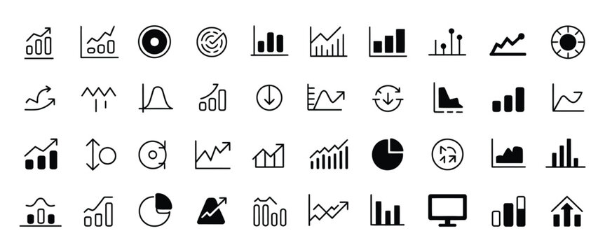 Growth and decrease icon set, with rising and falling line graphs, profit loss indicators, percentage increase and decrease symbols, modern vector design for finance, trading, and performance analysis
