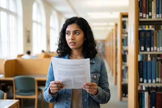 Indian female student holding research paper in university library looking thoughtful near wooden bookshelves