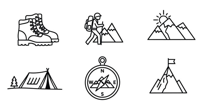 Mountain Range And Hiking Equipment Line Icons On White Background