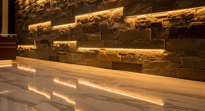 A dark decorative stone brick wall inside a modern building with warm yellow hidden LED light strips reflecting on a shiny marble floor
