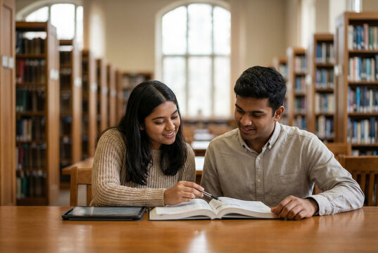 Indian college students studying together at university library table with textbook and tablet in soft natural light