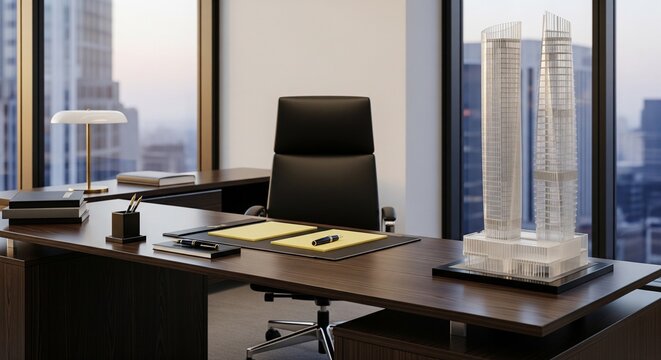 A luxurious executive office interior featuring a dark wooden desk, a leather boss chair, documents, a lamp, and a glass skyscraper model with city views outside the window.