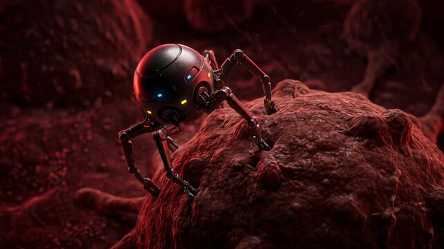 Nanorobot attacking a cancer cell. Microscopic medical machine performing tissue treatment. Future healthcare technology for targeted therapy. 3D science simulation.