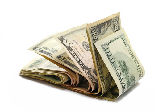 American dollar bills, paper money banknotes isolated on white background, side view