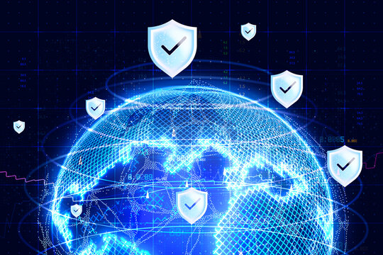 Cybersecurity banner with digital globe grid and glowing shield icons. Global network data protection, internet security or fintech privacy compliance background for corporate website header.