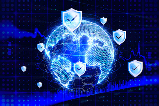 Global digital network globe with stock trading candlestick charts and financial numbers. Fintech marketplace analytics, worldwide economy or international corporate investment banner concept.