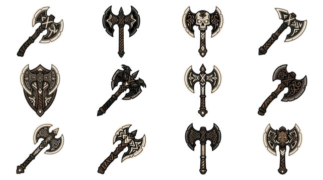 Fantasy battle axes with ornate Nordic engravings.