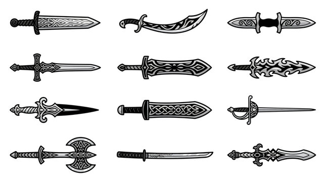 Fantasy dagger and ancient sword weapon icons.