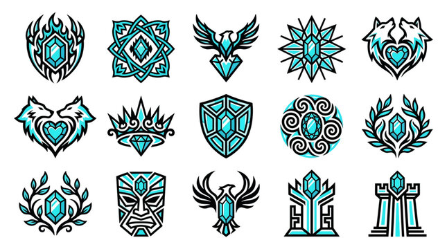 Fantasy gaming emblems featuring shields, wolves, and mythical creatures.