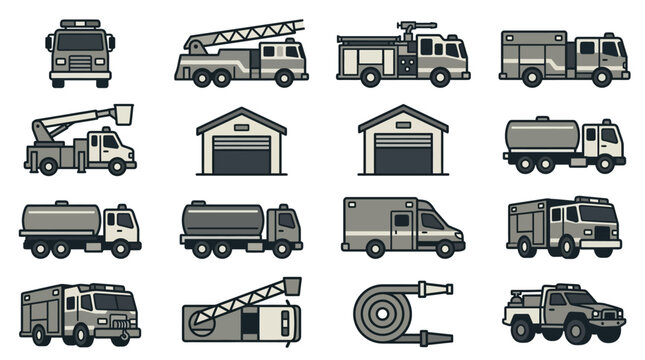 Fire engine fleet and station building icon set.