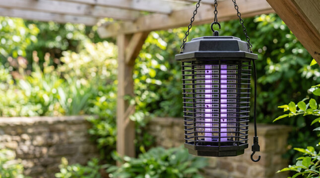 Insect zapper with purple light hanging in garden surrounded by greenery and wooden structures. This insect zapper emits purple light to attract and eliminate pests effectively in outdoor spaces.