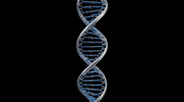 Modern scientific illustration of a double helix structure glowing with futuristic blue light against a dark background