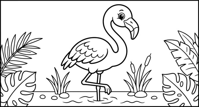 Flamingo illustration with tropical foliage black and white line art